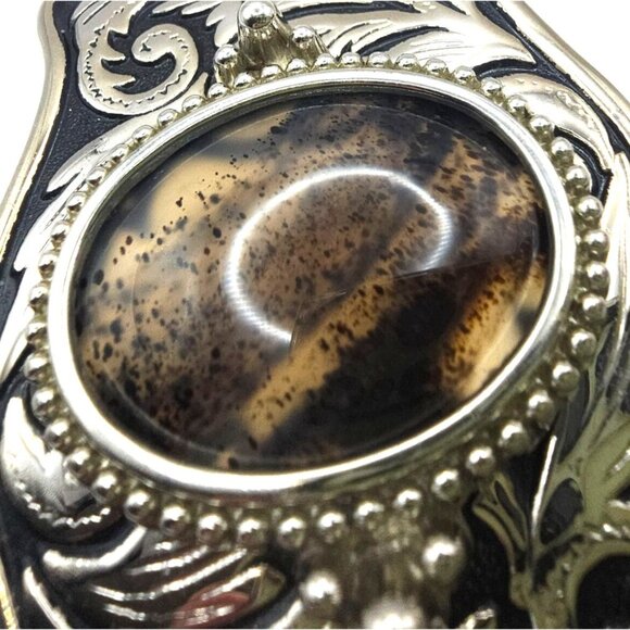 Western Belt Buckle Dendritic Agate Cabochon Silvertone Engraved Side Pieces - Picture 2 of 12
